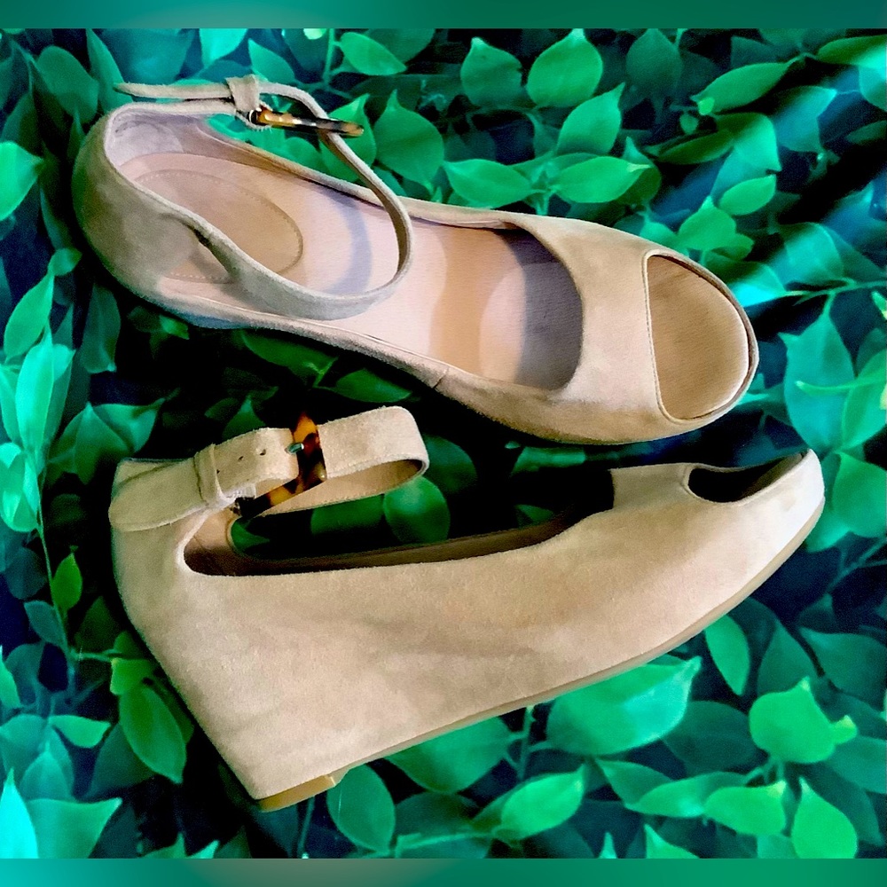 Suede Wrap Wedges with Tortoise Clasp Ankle Strap